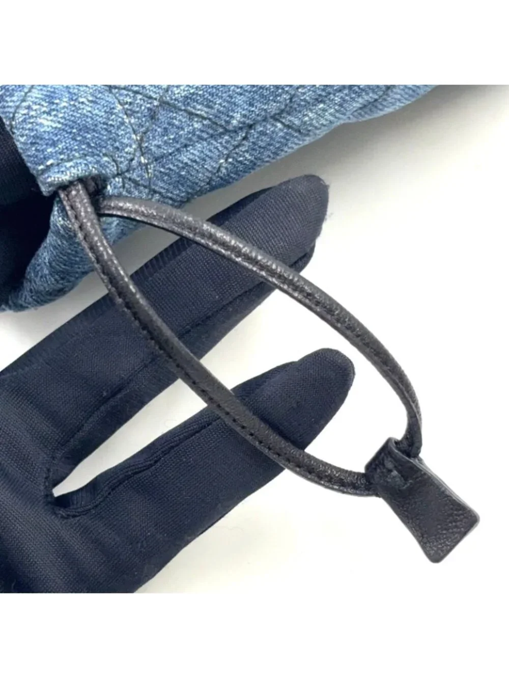 Prada Embroidery Drawstring Leather Denim Blue Pouch
